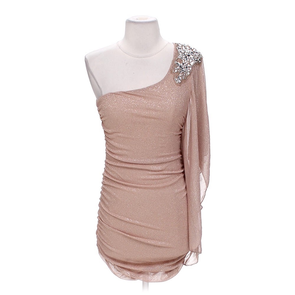 Sparkly Gold Tan One Shoulder Bedazzled Dress